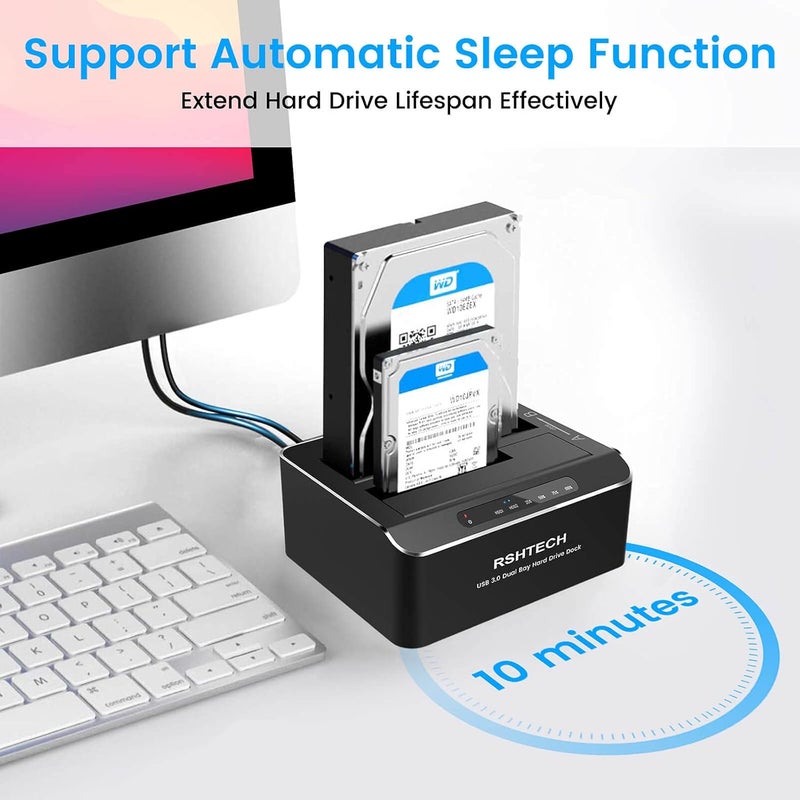 Rshtech Hard Drive Dock, Aluminum USB 3.0 to SATA Dual Bay External Hard Drive Docking Station for 2.5 & 3.5 inch SATA HDD SSD with Offline Clone/Duplicator Function, Support UASP & 2x16TB (RSH-DS01) - Image 5